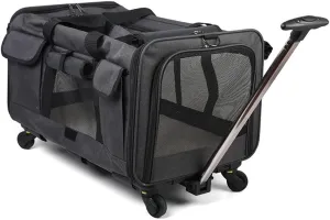 Pet Travel Carrier, Transport Case Cat Bag, Portable Pet Trolley Case with Detachable Universal Wheels, Breathable Foldable Large-Capacity Pet Bag (Black)