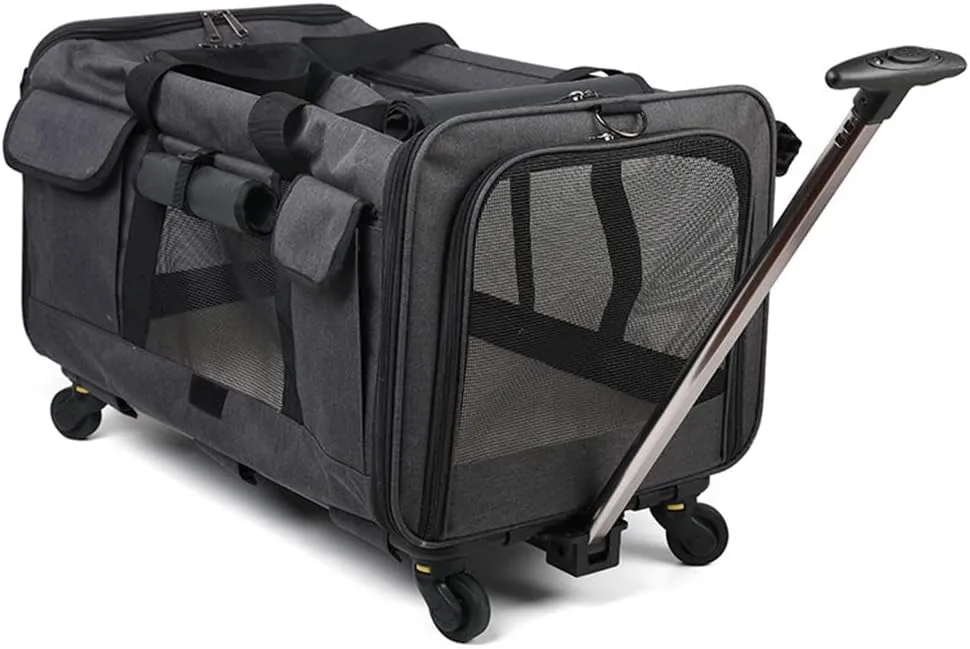 Pet Travel Carrier, Transport Case Cat Bag, Portable Pet Trolley Case with Detachable Universal Wheels, Breathable Foldable Large-Capacity Pet Bag (Black)