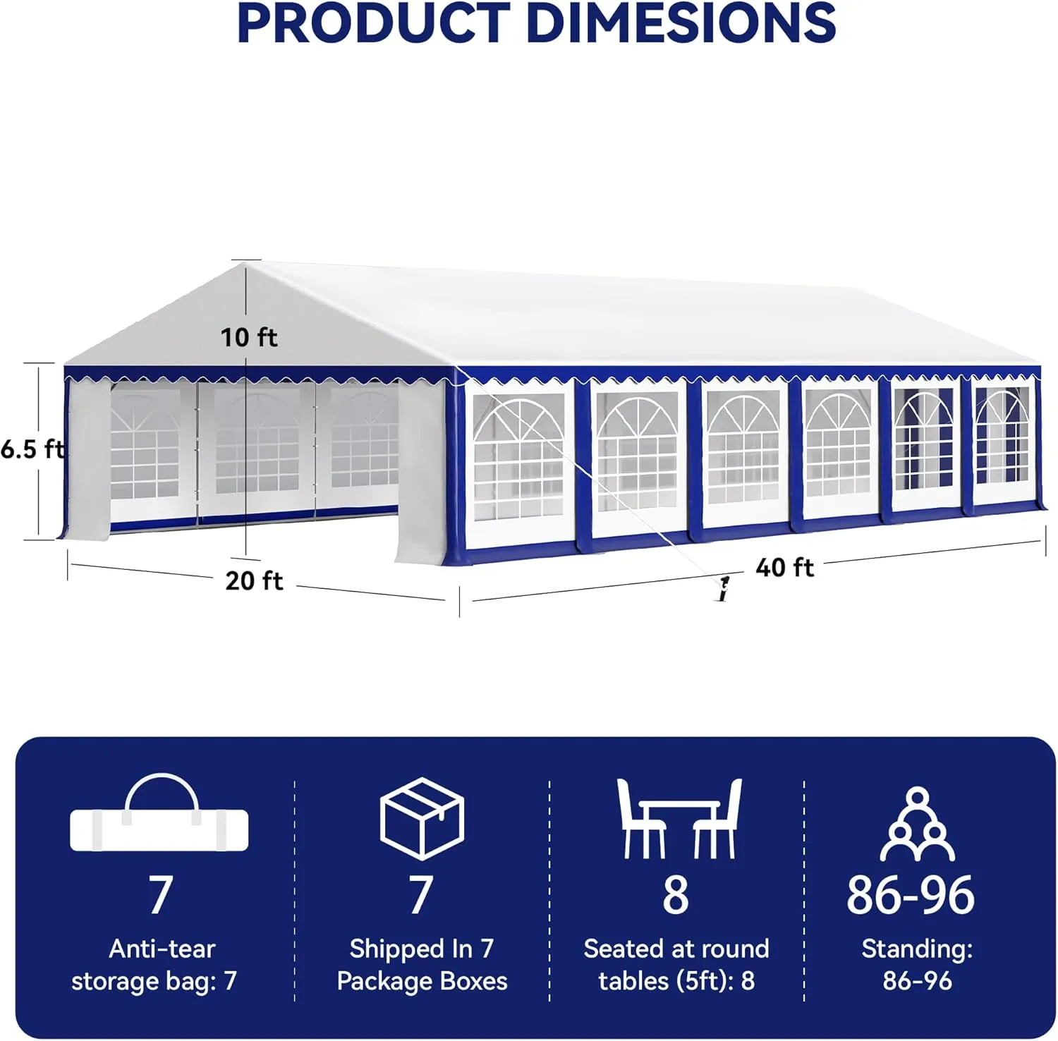 PHI VILLA 40 ft. x 20 ft. Large Outdoor Canopy Wedding Party Tent with Removable Side Walls & 7 Storage Bags, White with Blue Stripes