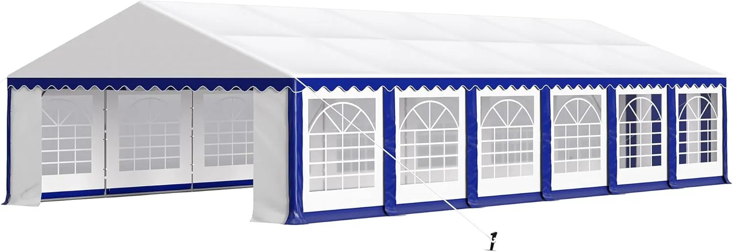 PHI VILLA 40 ft. x 20 ft. Large Outdoor Canopy Wedding Party Tent with Removable Side Walls & 7 Storage Bags, White with Blue Stripes