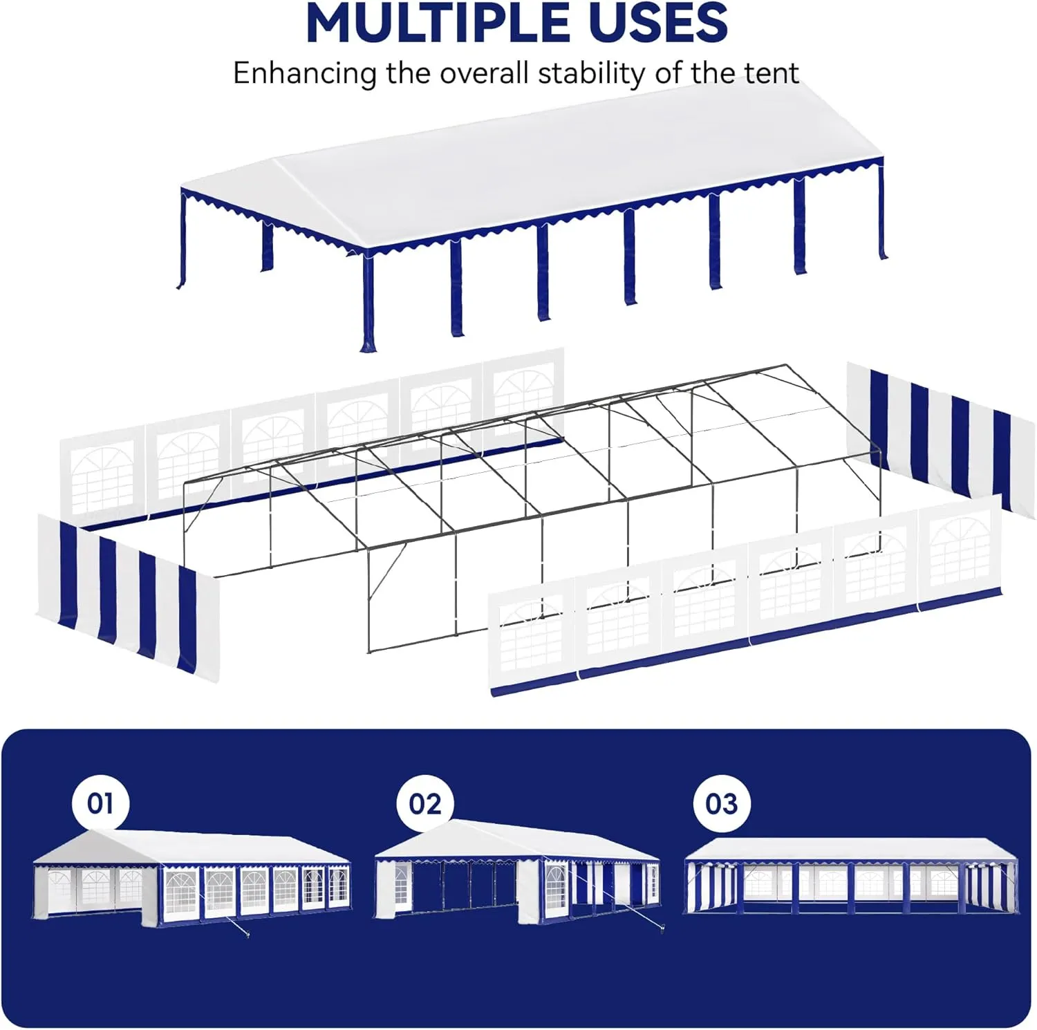 PHI VILLA 40 ft. x 20 ft. Large Outdoor Canopy Wedding Party Tent with Removable Side Walls & 7 Storage Bags, White with Blue Stripes