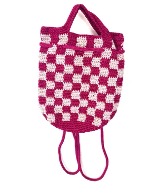 Pink Checkered Print Crochet Convertible Backpack