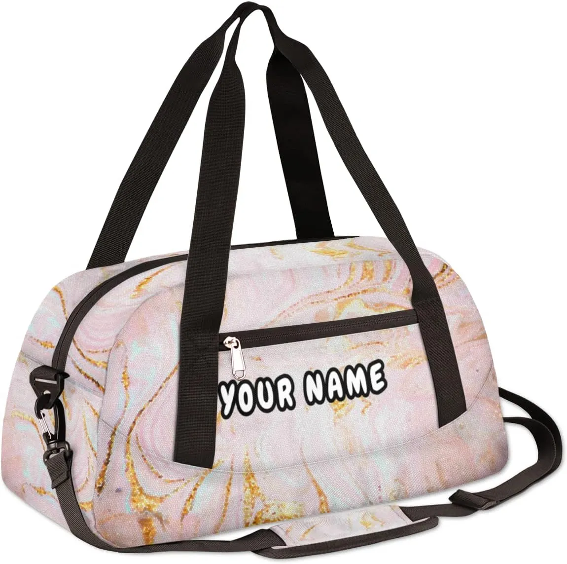 Pink Marble Texture Personalized Kids Duffel Bag for Girls Boys, Marble Debris Custom Name Dance Bag Overnight Small Duffel Bag Carry On Weekend Sports Travel Bag for School Practice Gymnastics Ballet