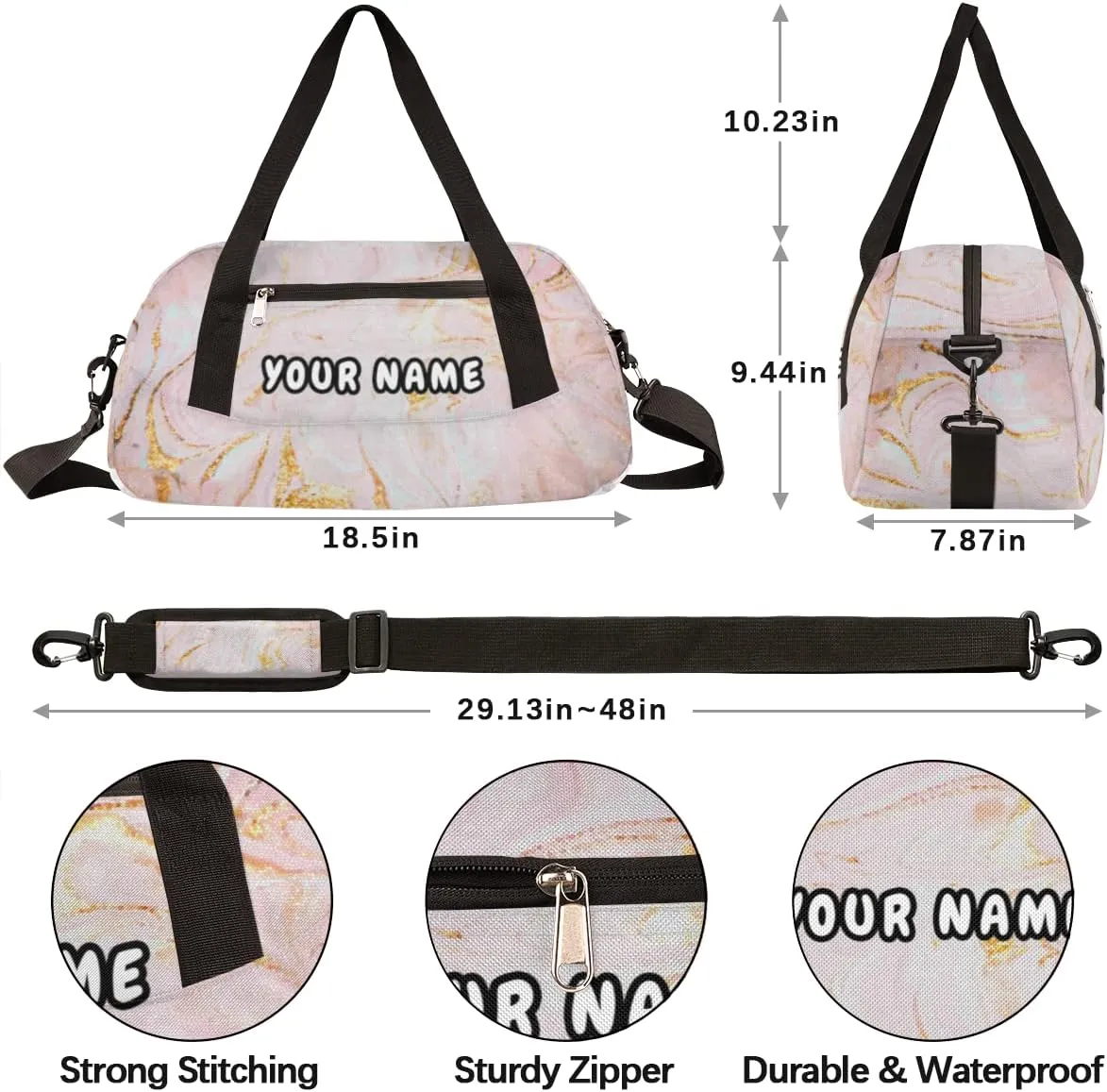 Pink Marble Texture Personalized Kids Duffel Bag for Girls Boys, Marble Debris Custom Name Dance Bag Overnight Small Duffel Bag Carry On Weekend Sports Travel Bag for School Practice Gymnastics Ballet