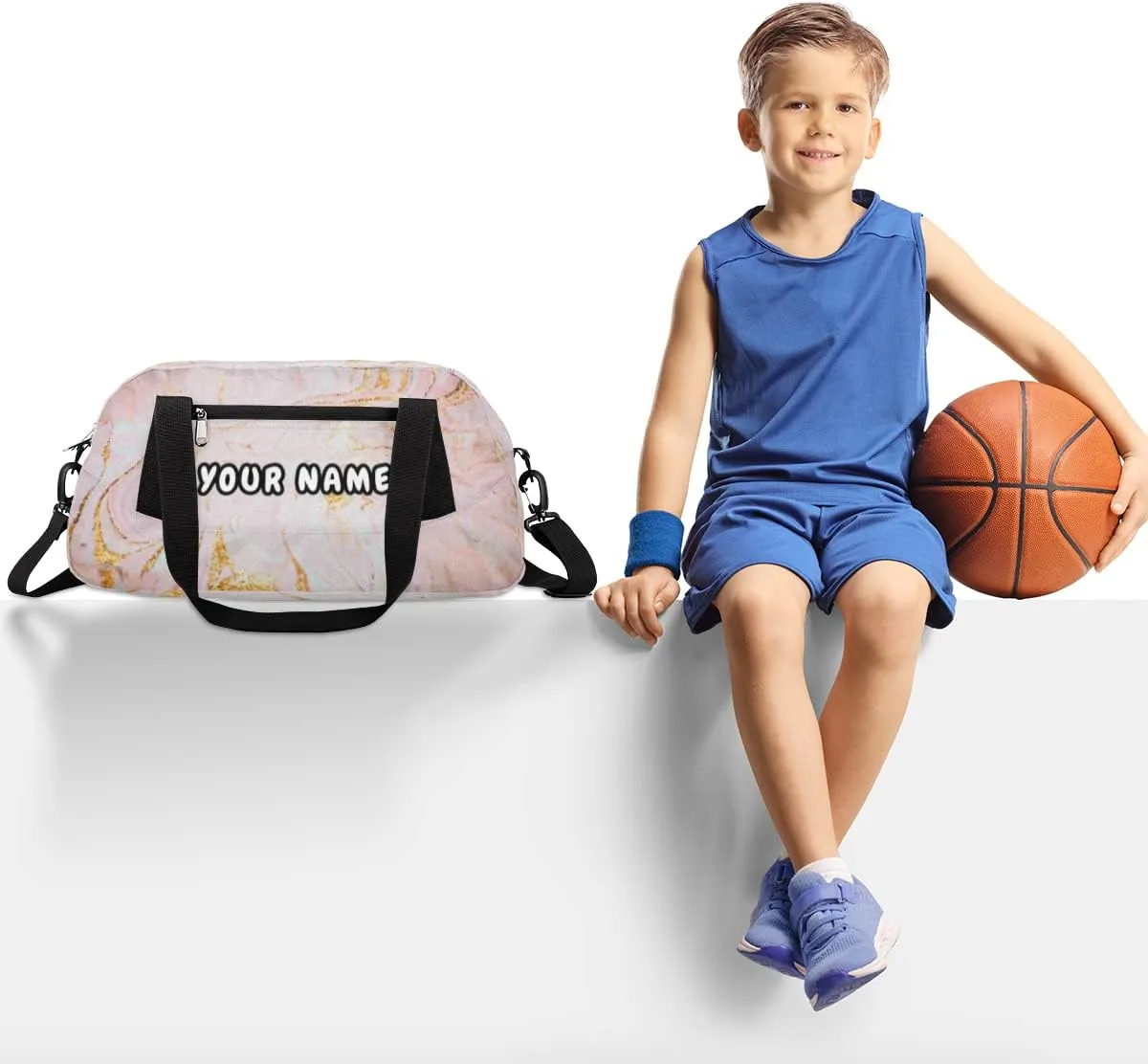 Pink Marble Texture Personalized Kids Duffel Bag for Girls Boys, Marble Debris Custom Name Dance Bag Overnight Small Duffel Bag Carry On Weekend Sports Travel Bag for School Practice Gymnastics Ballet