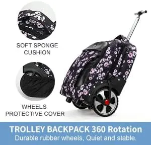 PINKSHE'S Rolling Backpack,Backpack with Wheels for Business,Wheeled Backpack Waterproof Travel Commuter for Adults,Fit 17inch Laptop (Floral, 20inch)