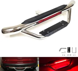 Polished Chrome 36" Towing Hitch Trailer Tow Hitch Step Bar Drop Step 3" Round Curved Rear Bumper Guard with Red LED Brake Stop Light for 2" Receiver SUV Pickup Truck