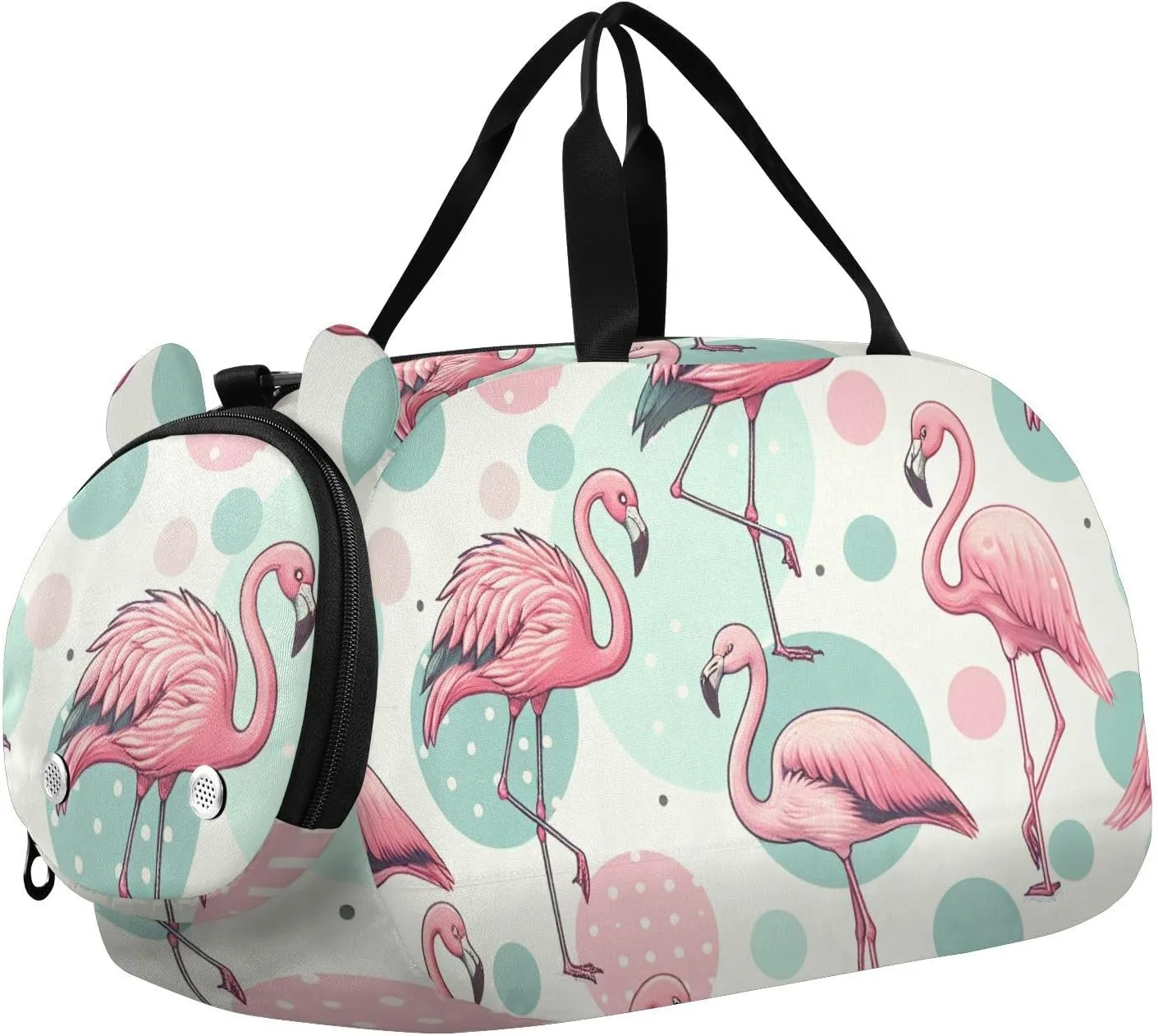Polka Dots Tropical Flamingos Duffle Bag for Girl, Sports Duffle Gym Bags with Shoe Compartment, Personalized Overnight Bag Travel Weekender for Kids