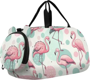 Polka Dots Tropical Flamingos Duffle Bag for Girl, Sports Duffle Gym Bags with Shoe Compartment, Personalized Overnight Bag Travel Weekender for Kids