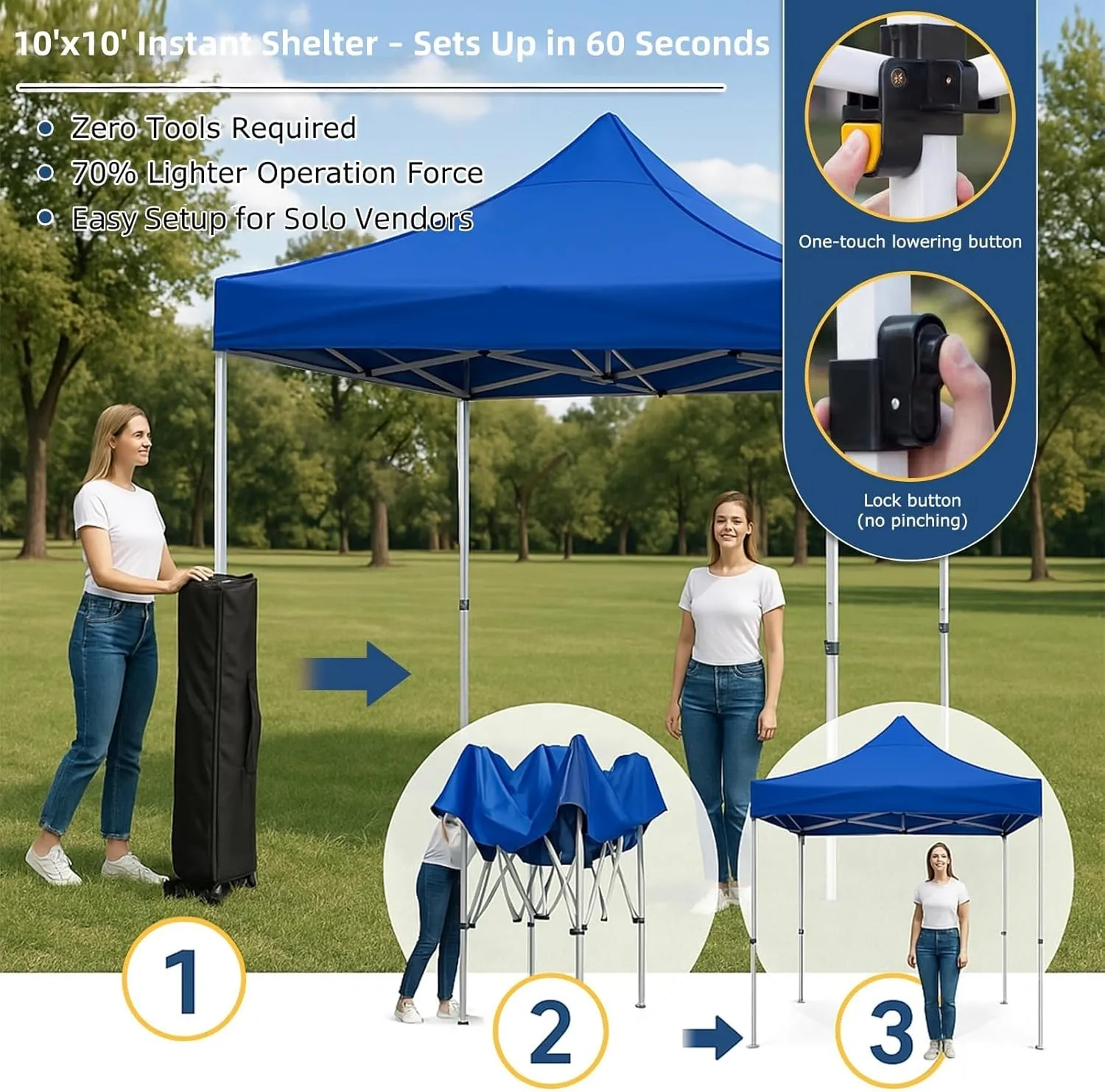 Pop Up Canopy Tent 10 x 10 FT,Instant Setup in 60 Seconds,Windproof Waterproof,Sun Shelter for Beach,Camping,Backyard,Outdoor Events(Portable with Carry Bag) Blue 6.6 * 6.6