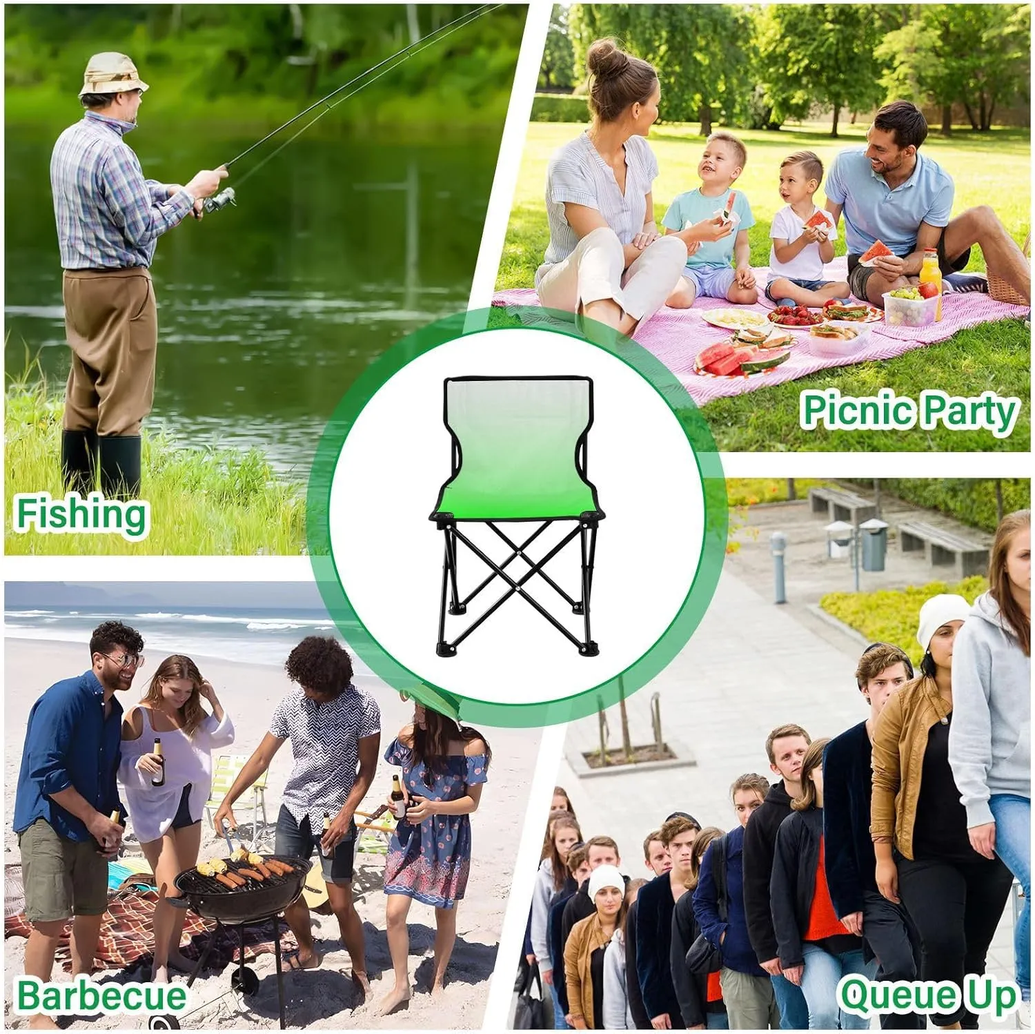 Portable Camping Chairs Green Lightweight Folding Chair for Camping, Beach, Picnic, Travel and Sports with Carry Bag 20803-1