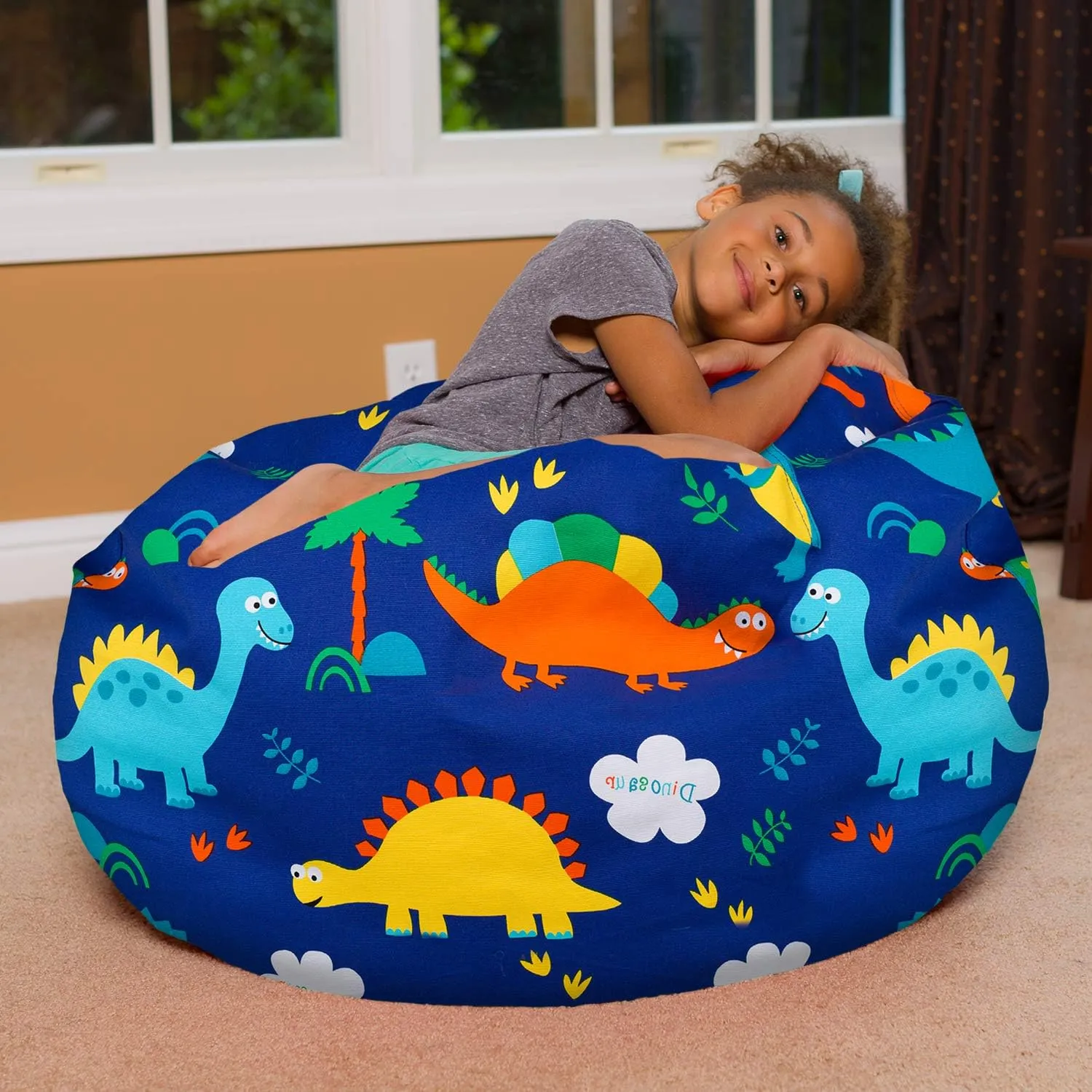 Posh Creations Bean Bag Chair for Kids, Teens, and Adults Includes Removable and Machine Washable Cover, Canvas Dinos on Blue, 38in - Large
