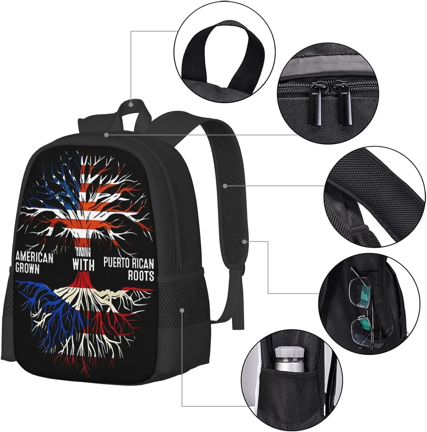 Puerto Rico Flag American Puerto Rican Roots Tree Casual Backpacks Large Capacity Backpack Laptop Rucksack Sport Daypack Commuter Bags with Adjustable Strap for Traveling Camping