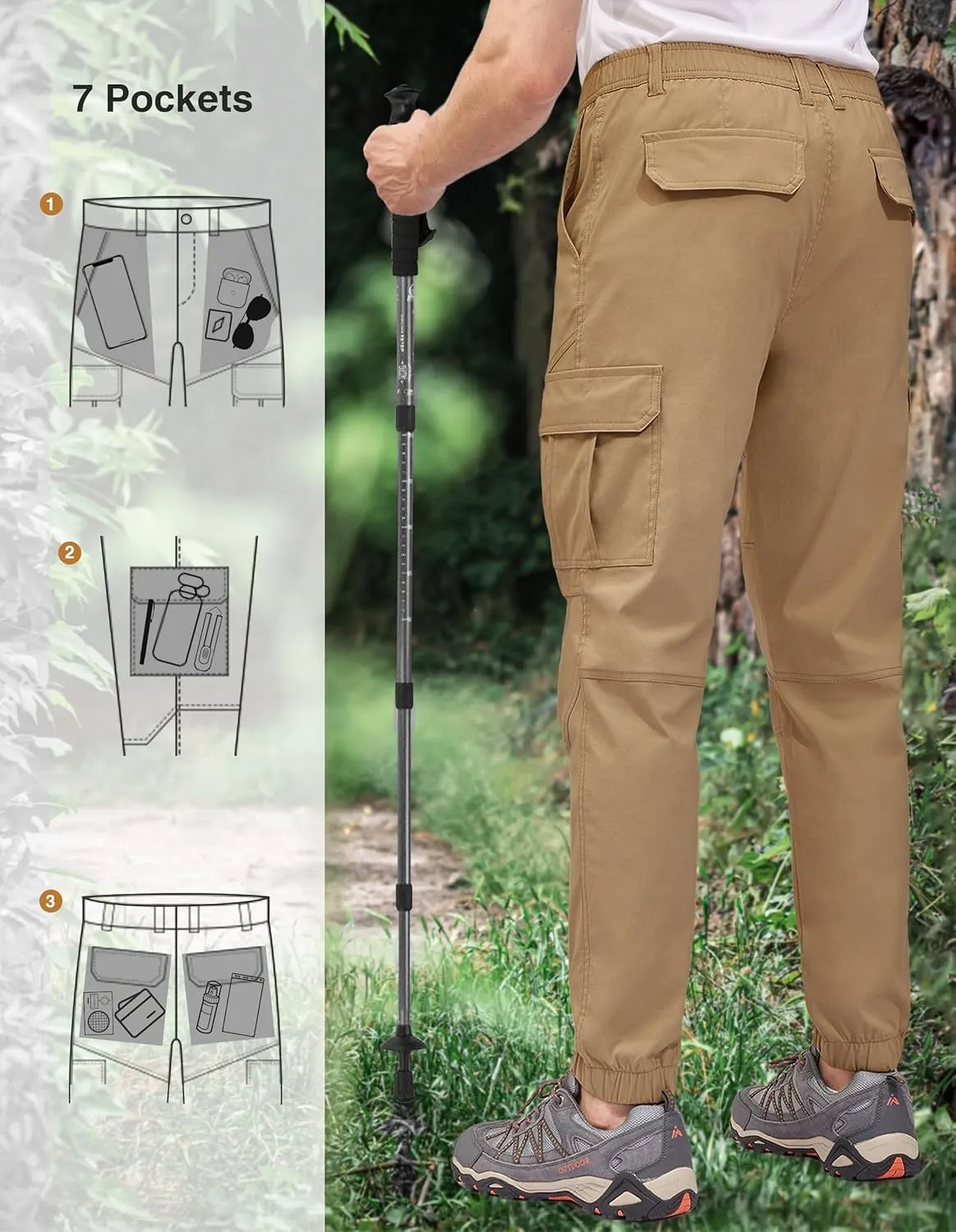 PULI Men's Waterproof Hiking Pants, Slim Fit Cargo Joggers, Stretch Quick Dry Outdoor Pants with Pockets