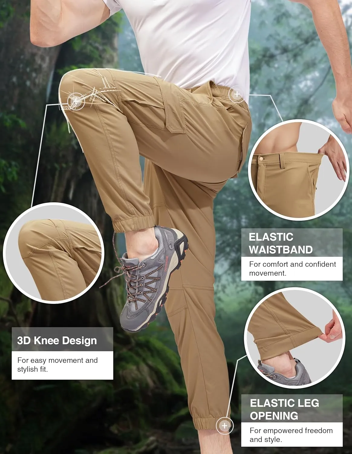 PULI Men's Waterproof Hiking Pants, Slim Fit Cargo Joggers, Stretch Quick Dry Outdoor Pants with Pockets