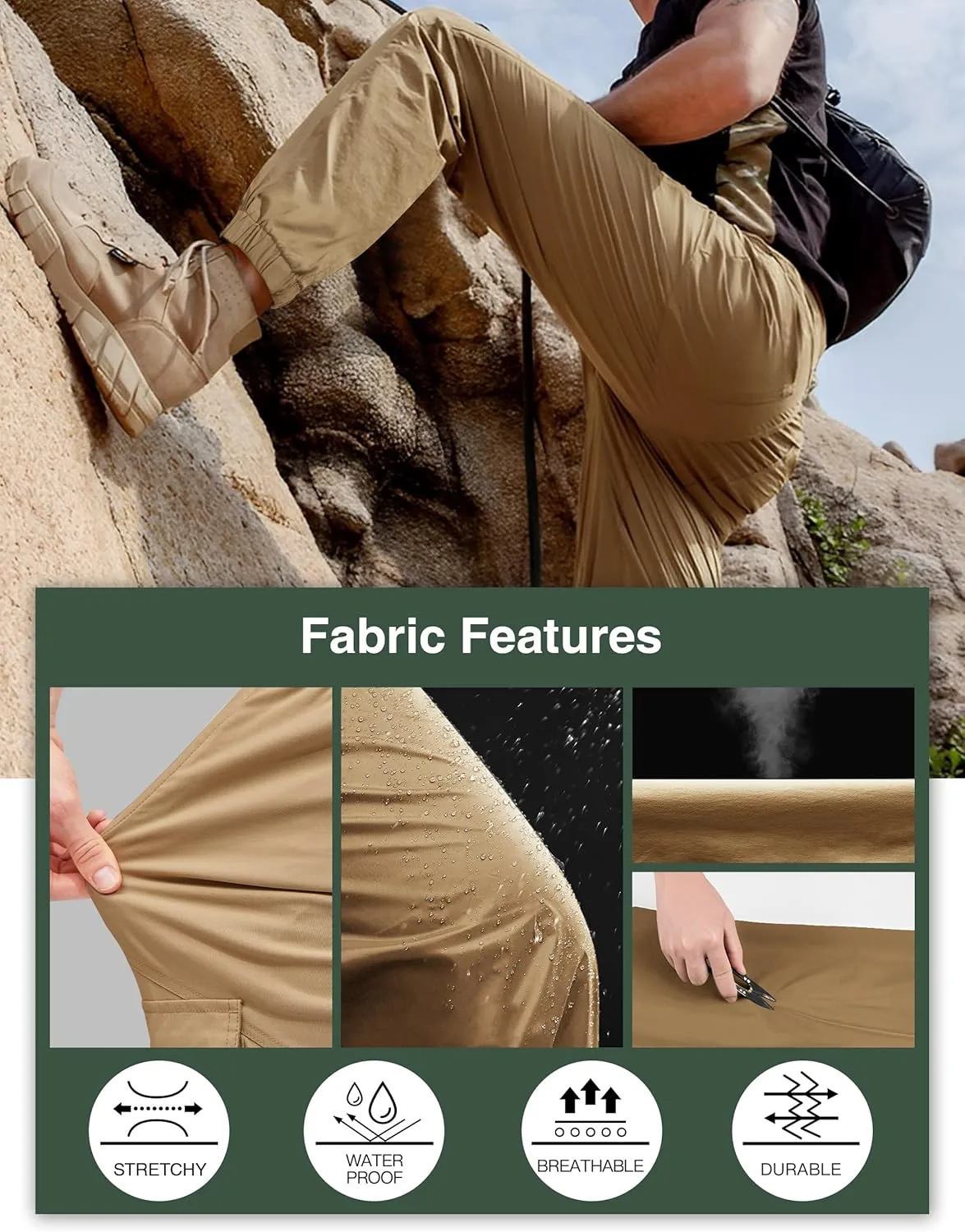 PULI Men's Waterproof Hiking Pants, Slim Fit Cargo Joggers, Stretch Quick Dry Outdoor Pants with Pockets