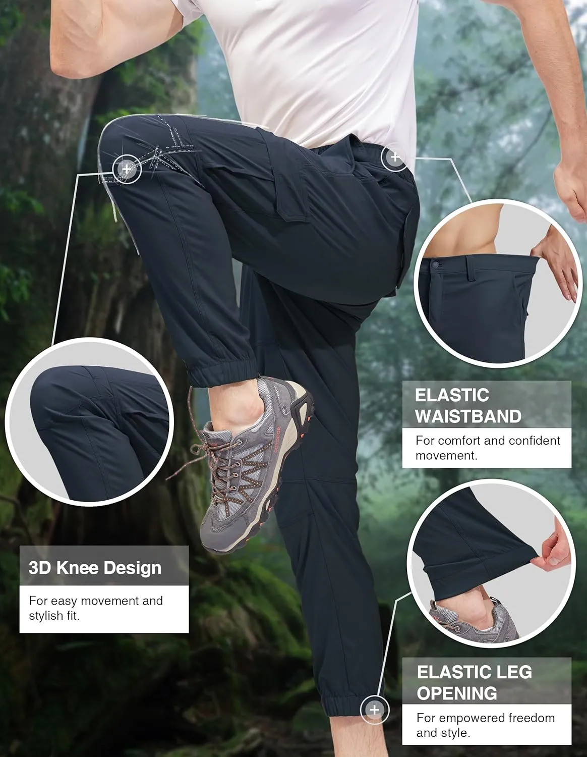 PULI Men's Waterproof Hiking Pants, Slim Fit Cargo Joggers, Stretch Quick Dry Outdoor Pants with Pockets