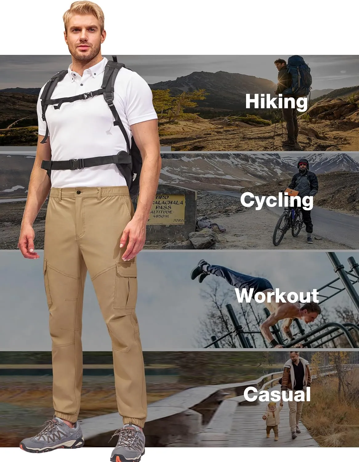 PULI Men's Waterproof Hiking Pants, Slim Fit Cargo Joggers, Stretch Quick Dry Outdoor Pants with Pockets