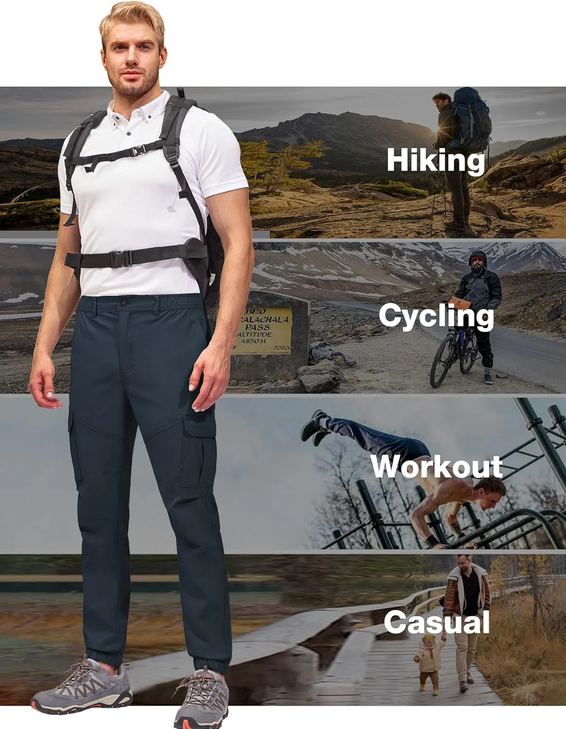 PULI Men's Waterproof Hiking Pants, Slim Fit Cargo Joggers, Stretch Quick Dry Outdoor Pants with Pockets