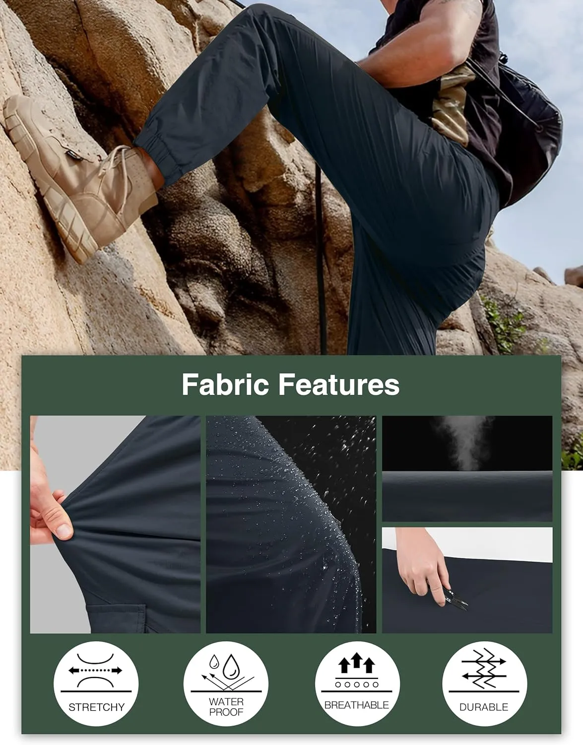 PULI Men's Waterproof Hiking Pants, Slim Fit Cargo Joggers, Stretch Quick Dry Outdoor Pants with Pockets
