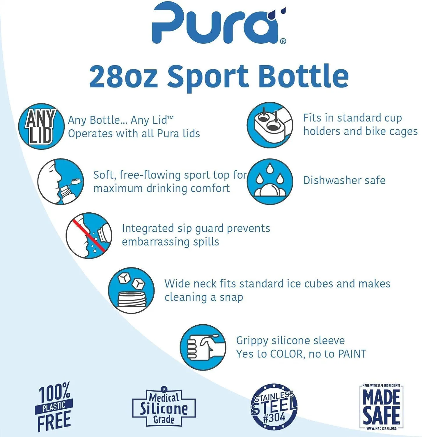 Pura Big Mouth Non Insulated Stainless Steel - Sport Water Bottle w/Silicone Sleeve for Warm & Cold Drinks, Plastic-Free, MadeSafe Certified, Medical-Grade Silicone for Kids & Adults – Moss, 28oz
