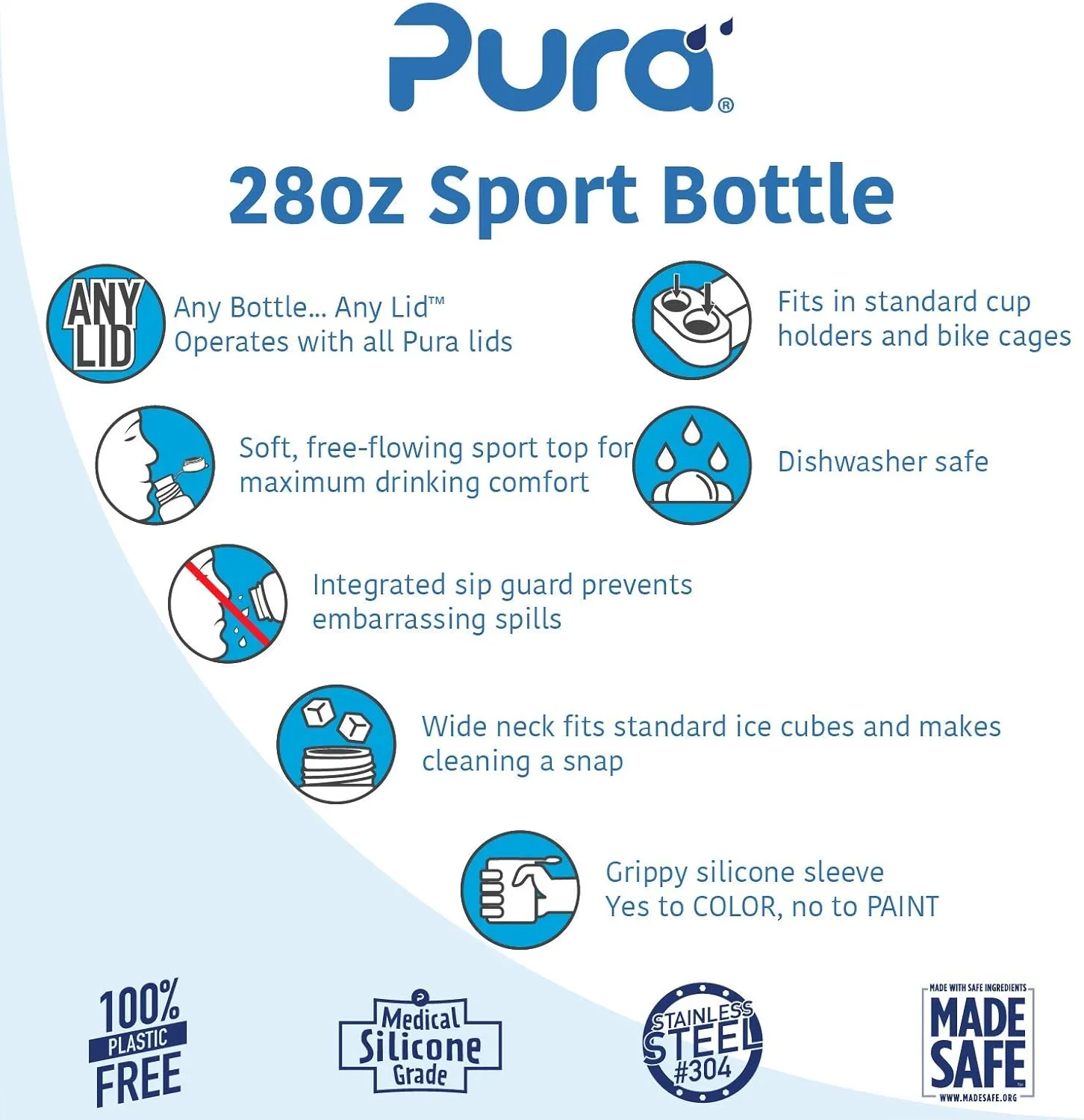 Pura Big Mouth Standard Stainless Steel - Sport Water Bottle w/Silicone Sleeve for Warm & Cold Drinks, Plastic-Free, MadeSafe Certified, Medical-Grade Silicone for Kids & Adults – Aqua, 28oz