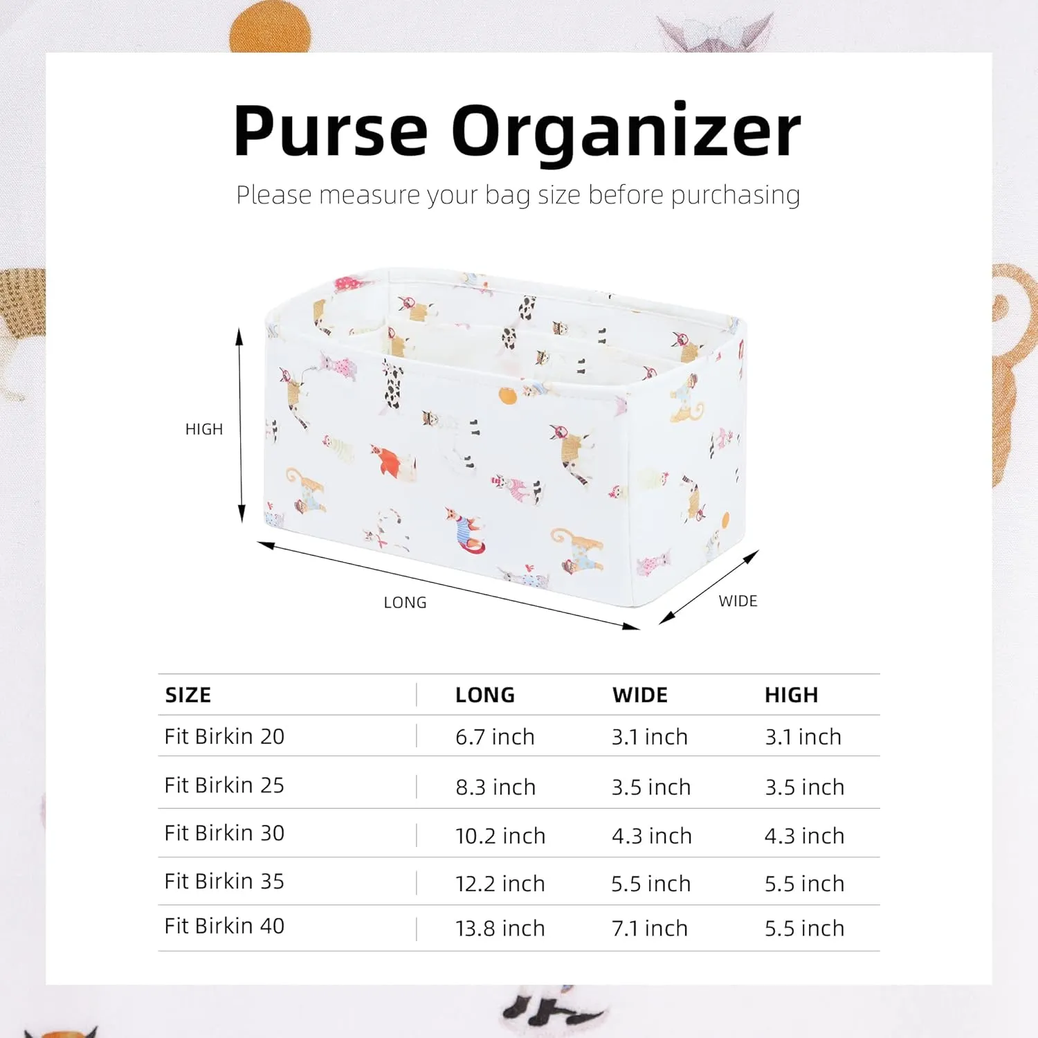 Purse Organizer Insert Fits Birkin 25/30/35/40 bags, Lightweight Bag Shaper Liner for Women Luxury Handbag Tote, Soft Inner Bag(BK25,Cat Paradise)