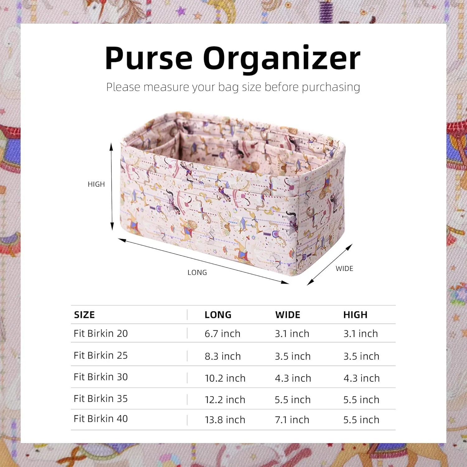 Purse Organizer Insert, unique pattern Bag Organizer Liner, Handbag Organiser Insert, Bag Tote Shaper fit Birkin 20/25/30/35/40 bags(BK30,Circus(Pink))