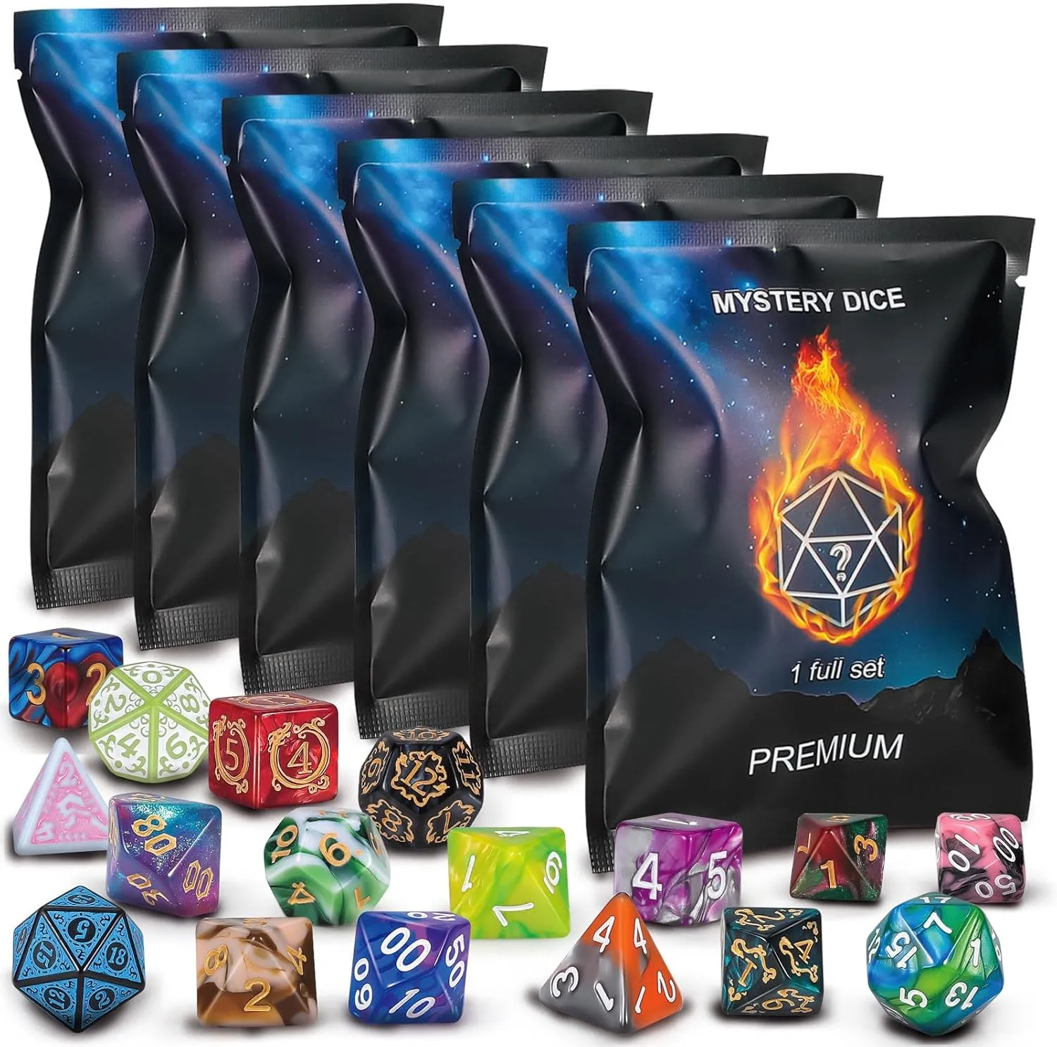 QMAY Polyhedral Dice - 48PCS Mystery Dice Set, Various Styles, Random DND Dice Patterns & Dice Bag, 6 Mystery Bags, D&D Gifts for Dungeons and Dragons, RPG, MTG,Role Playing Table Game