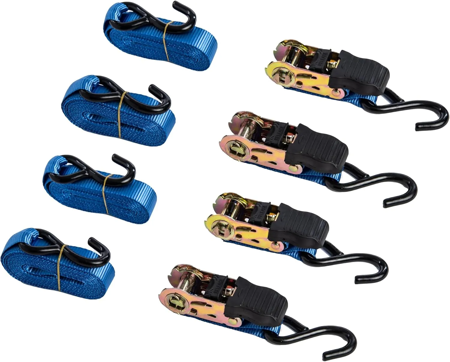 Ratchet Straps Tie Down 1,500 Lbs Break Strength, 15 Ft Heavy Duty Staps Motorcycle and Cargo on Car, Truck, Trailer - Soft Loop Straps, Car and Truck Accessories, Color Blue, Package of 4.