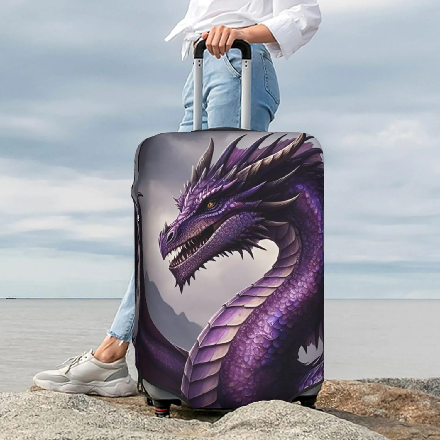 Realistic Purple Dragon Travel Luggage Cover Fits 18-32 Inch Luggage, Elastic Suitcase Cover Protector with Concealed Zipper for Wheeled Suitcase Tsa Approved