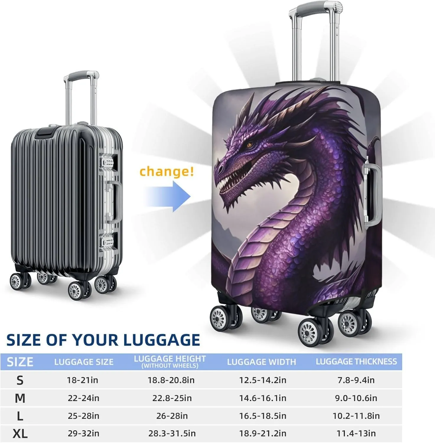 Realistic Purple Dragon Travel Luggage Cover Fits 18-32 Inch Luggage, Elastic Suitcase Cover Protector with Concealed Zipper for Wheeled Suitcase Tsa Approved