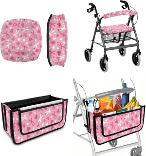 Red Ribbon Rollator Walker Basket and Seat Backrest Covers 3Pcs Accessories Sets Comfy Rollator Decorations for Seniors Universal Bag for Elderly Walker