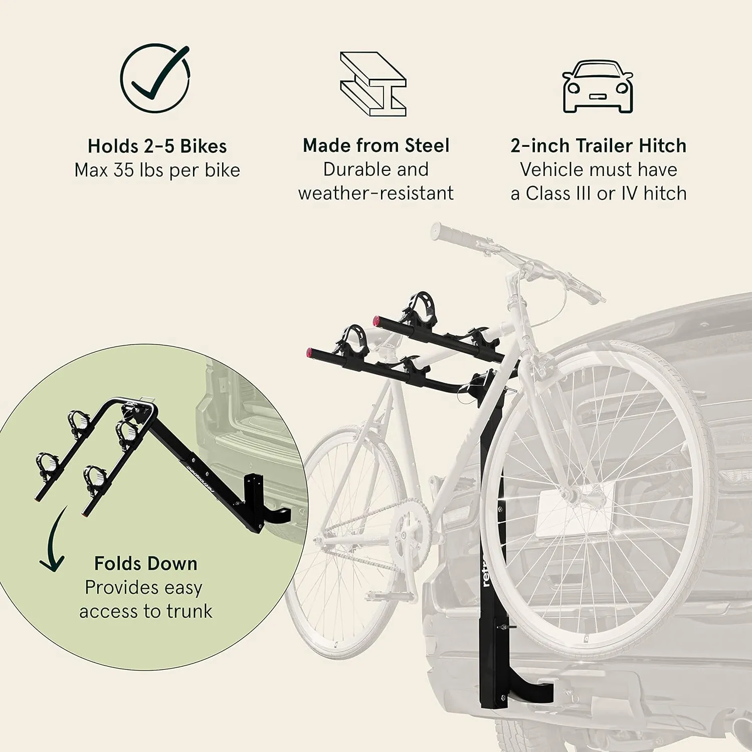 Retrospec Lenox 2-5 - Bike Hitch Rack for Cars, Trucks, SUVs with 2” Hitch | Foldable Steel Frame with Anti-Rattle Adapter, Tie Down Cradles and Straps - Fits Most Frames