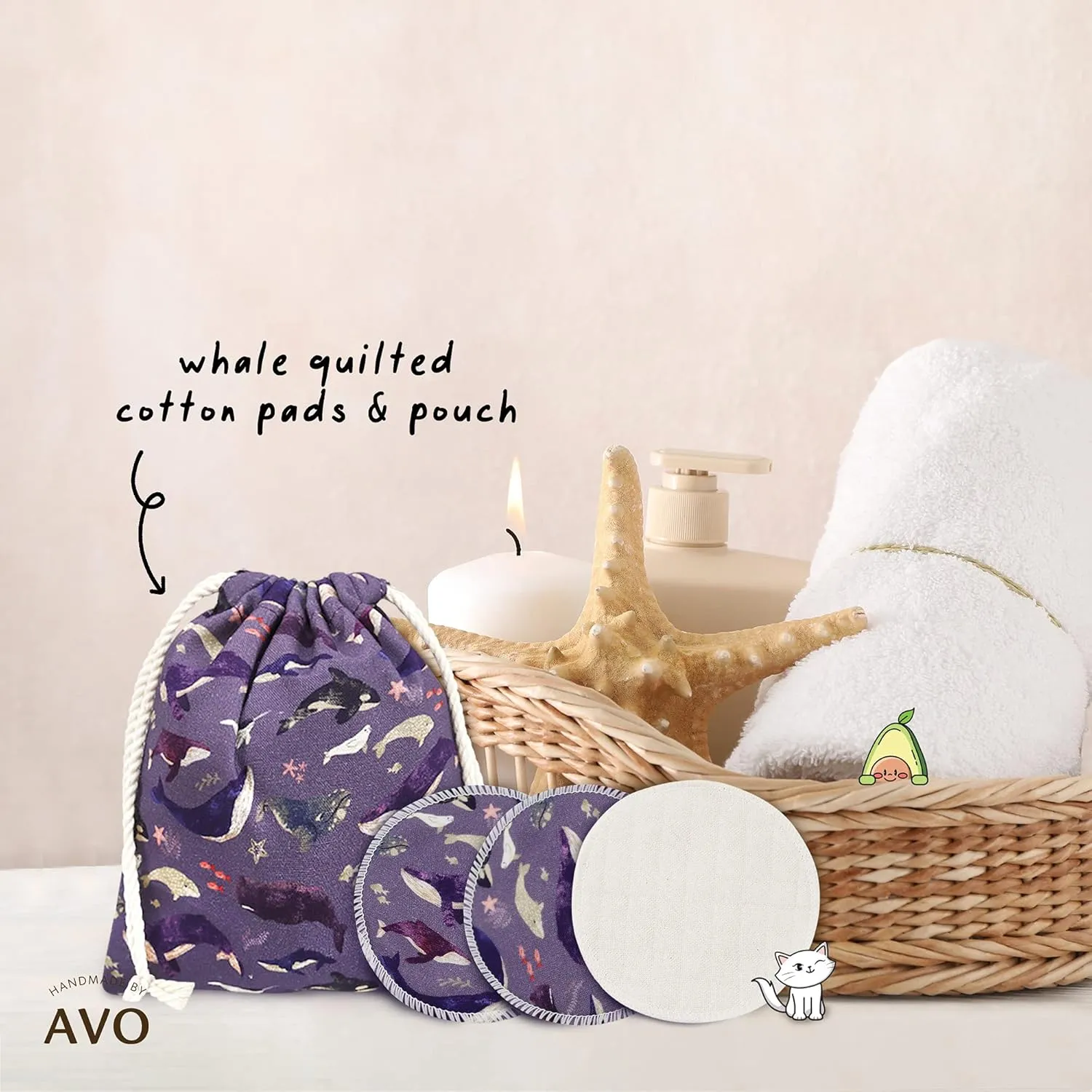 Reusable Pads, Makeup Remover, Organic Cotton Rounds, Pads Facial Rounds Fabric Pouch Laundry Bag (Whale)
