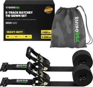 Rhino USA E Track Ratchet Tie Down Straps (4,500lb Break Strength) - Includes (2) Premium 2" x 16' eTrack Tie Downs - Ultimate Heavy Duty eTrack Cargo Strap System for Trailer, Truck, Motorcycle