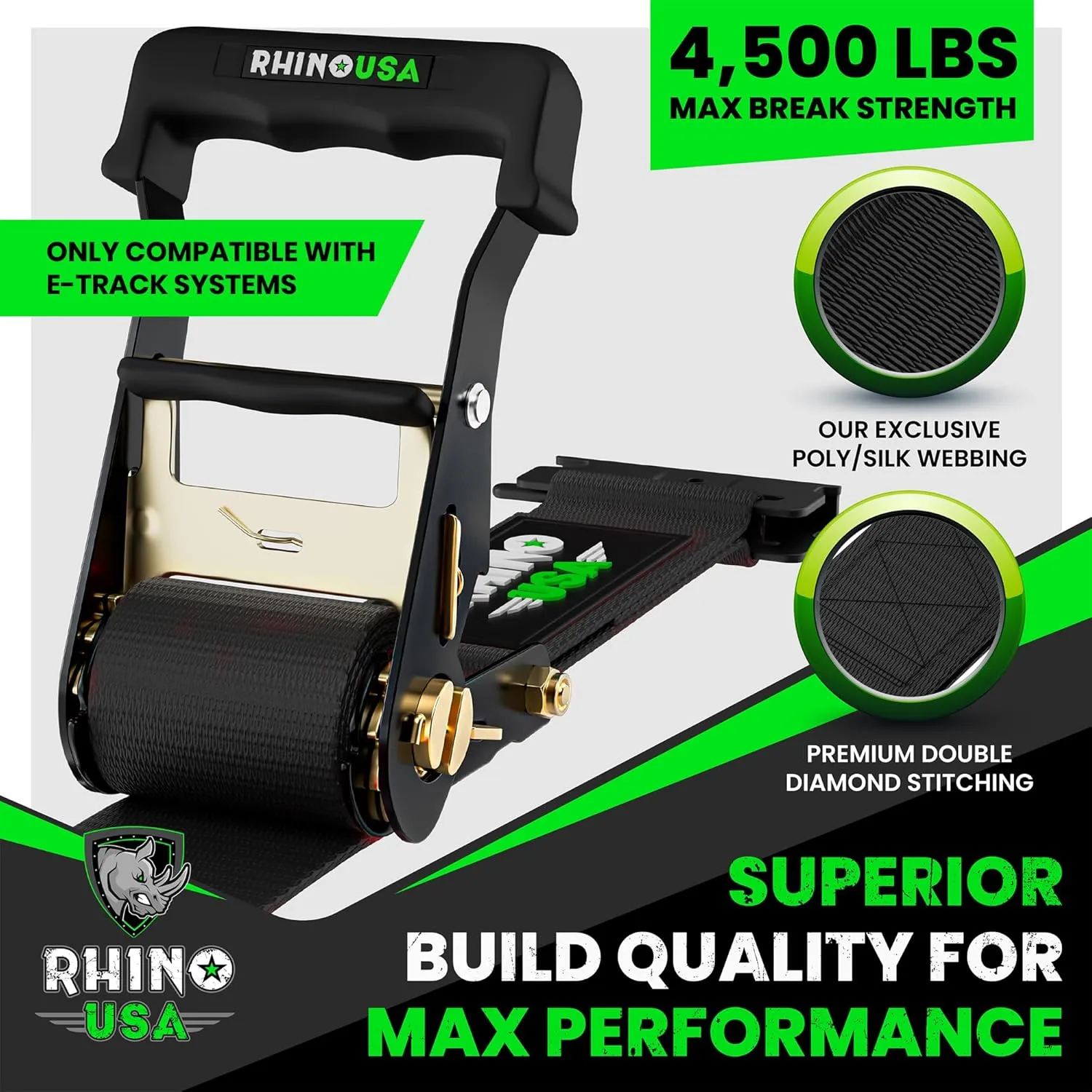 Rhino USA E Track Ratchet Tie Down Straps (4,500lb Break Strength) - Includes (2) Premium 2" x 16' eTrack Tie Downs - Ultimate Heavy Duty eTrack Cargo Strap System for Trailer, Truck, Motorcycle