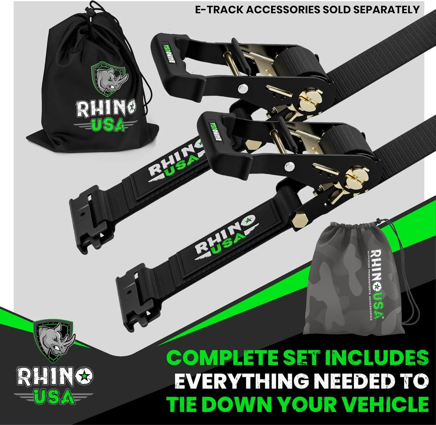Rhino USA E Track Ratchet Tie Down Straps (4,500lb Break Strength) - Includes (2) Premium 2" x 16' eTrack Tie Downs - Ultimate Heavy Duty eTrack Cargo Strap System for Trailer, Truck, Motorcycle