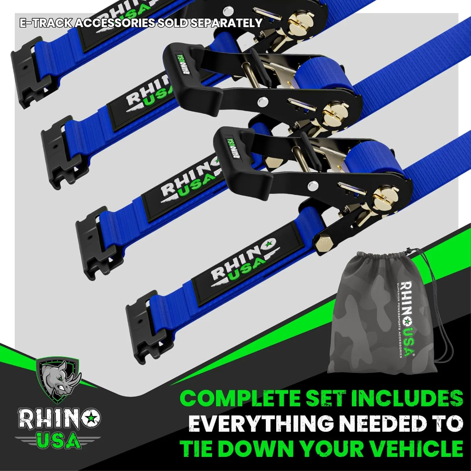 Rhino USA E Track Ratchet Tie Down Straps (4,500lb Break Strength) - Includes (4) Premium 2" x 16' eTrack Tie Downs - Ultimate Heavy Duty eTrack Cargo Strap System for Trailer, Truck, Motorcycle