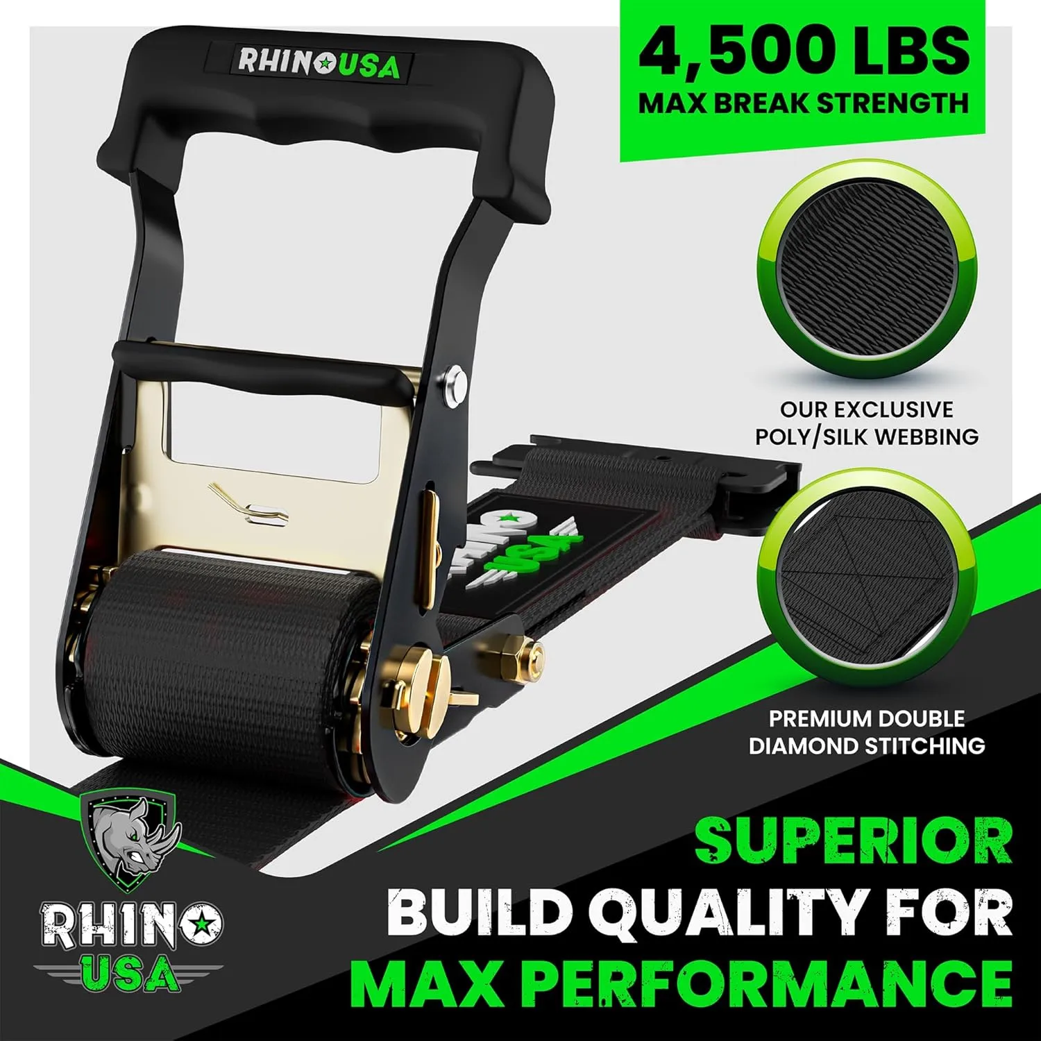 Rhino USA E Track Ratchet Tie Down Straps (4,500lb Break Strength) - Includes (4) Premium 2" x 16' eTrack Tie Downs - Ultimate Heavy Duty eTrack Cargo Strap System for Trailer, Truck, Motorcycle