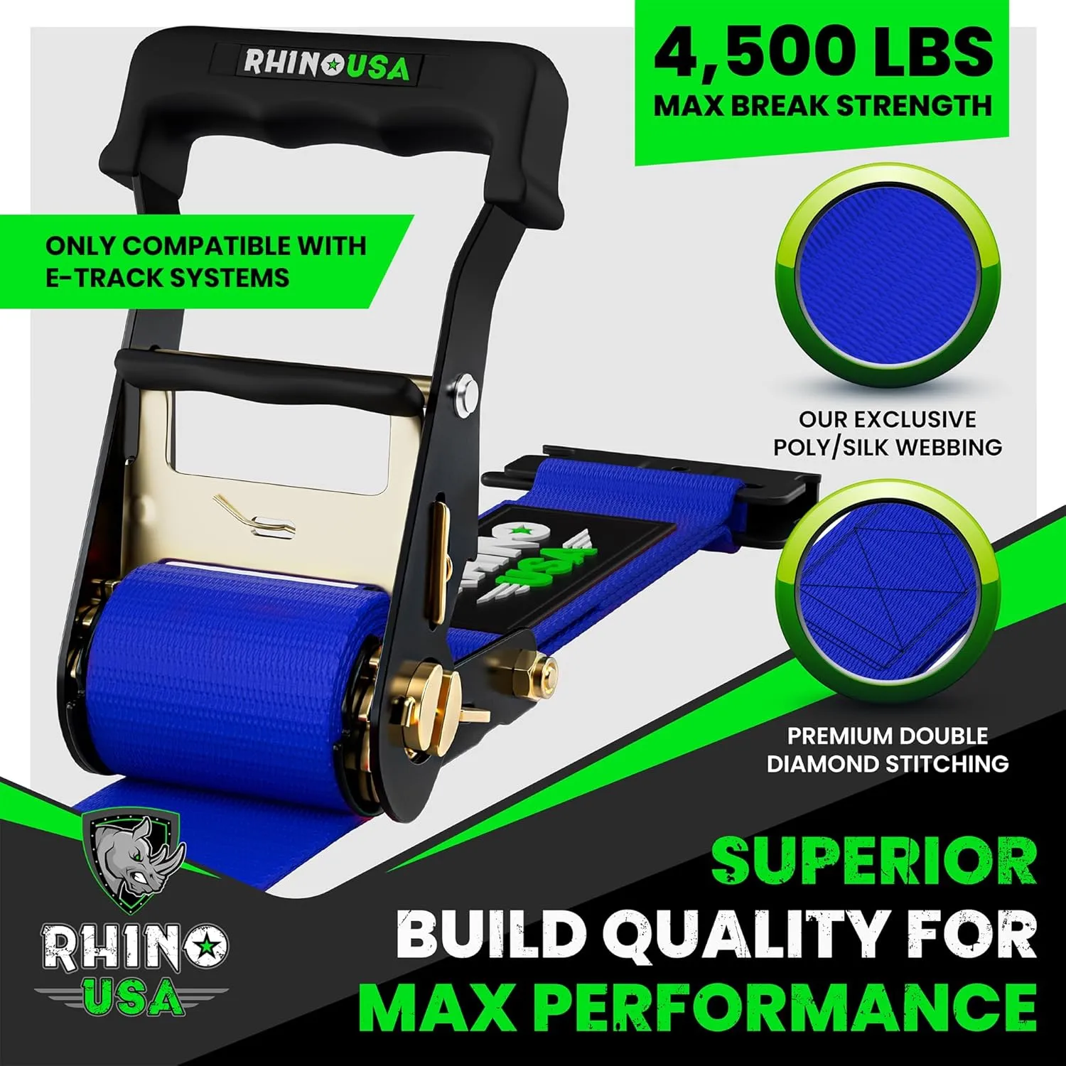 Rhino USA E Track Ratchet Tie Down Straps (4,500lb Break Strength) - Includes (4) Premium 2" x 16' eTrack Tie Downs - Ultimate Heavy Duty eTrack Cargo Strap System for Trailer, Truck, Motorcycle