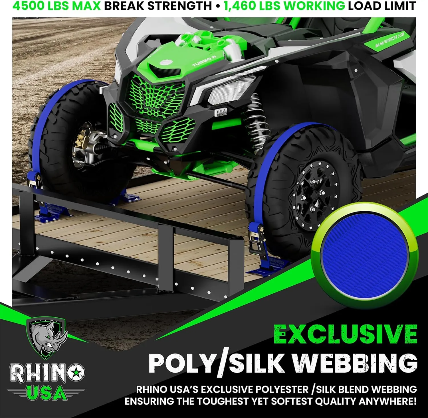 Rhino USA E Track Ratchet Tie Down Straps (4,500lb Break Strength) - Includes (4) Premium 2" x 16' eTrack Tie Downs - Ultimate Heavy Duty eTrack Cargo Strap System for Trailer, Truck, Motorcycle