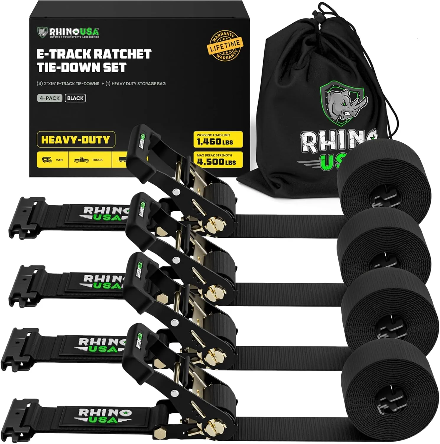 Rhino USA E Track Ratchet Tie Down Straps (4,500lb Break Strength) - Includes (4) Premium 2" x 16' eTrack Tie Downs - Ultimate Heavy Duty eTrack Cargo Strap System for Trailer, Truck, Motorcycle