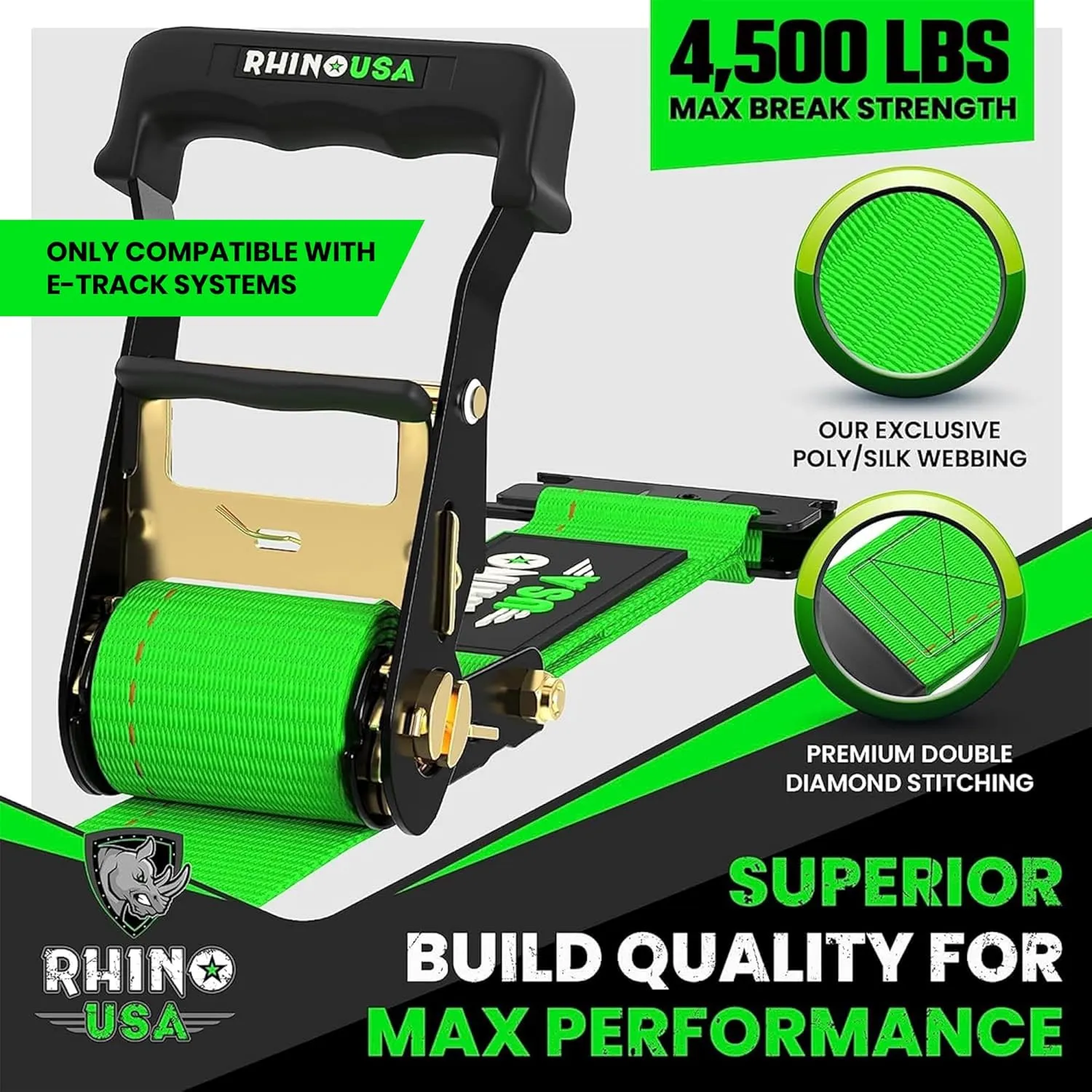 Rhino USA E Track Ratchet Tie Down Straps (4,500lb Break Strength) - Includes (4) Premium 2" x 16' eTrack Tie Downs - Ultimate Heavy Duty eTrack Cargo Strap System for Trailer, Truck, Motorcycle