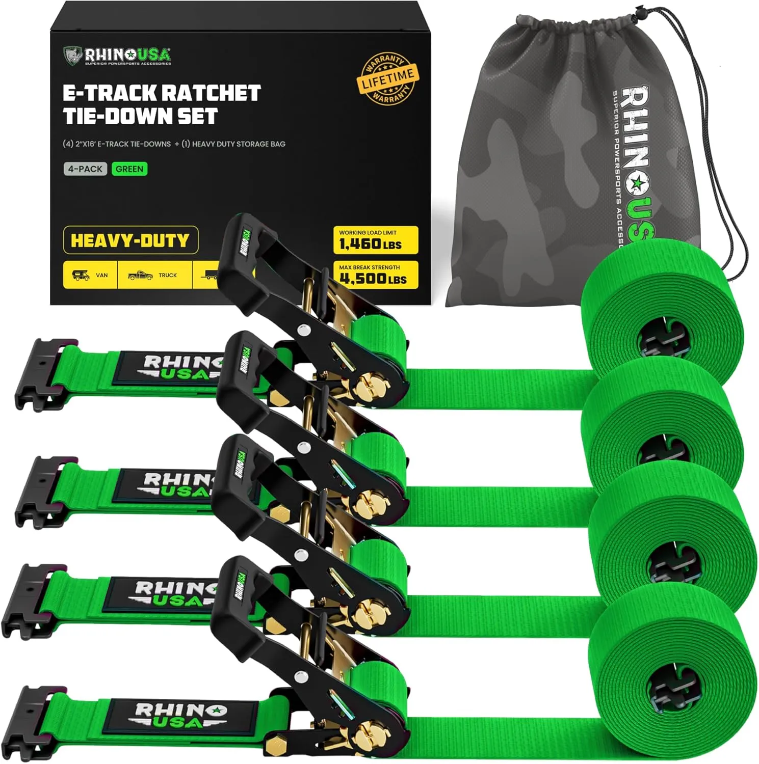 Rhino USA E Track Ratchet Tie Down Straps (4,500lb Break Strength) - Includes (4) Premium 2" x 16' eTrack Tie Downs - Ultimate Heavy Duty eTrack Cargo Strap System for Trailer, Truck, Motorcycle