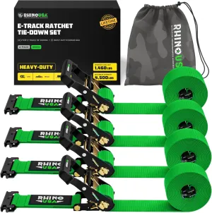 Rhino USA E Track Ratchet Tie Down Straps (4,500lb Break Strength) - Includes (4) Premium 2" x 16' eTrack Tie Downs - Ultimate Heavy Duty eTrack Cargo Strap System for Trailer, Truck, Motorcycle