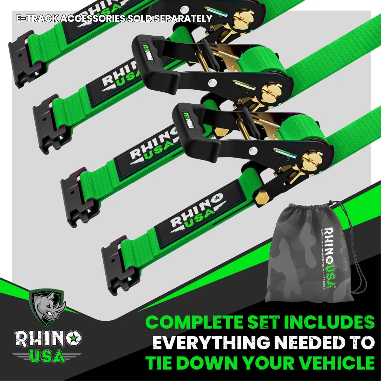 Rhino USA E Track Ratchet Tie Down Straps (4,500lb Break Strength) - Includes (4) Premium 2" x 16' eTrack Tie Downs - Ultimate Heavy Duty eTrack Cargo Strap System for Trailer, Truck, Motorcycle