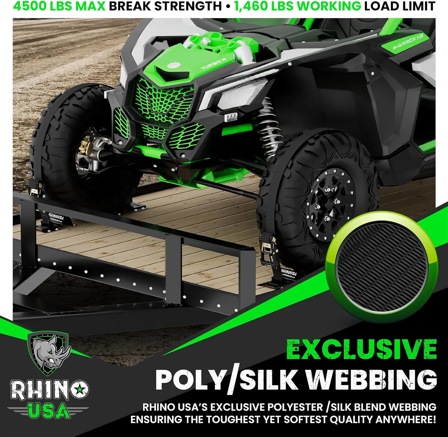 Rhino USA E Track Ratchet Tie Down Straps (4,500lb Break Strength) - Includes (4) Premium 2" x 16' eTrack Tie Downs - Ultimate Heavy Duty eTrack Cargo Strap System for Trailer, Truck, Motorcycle