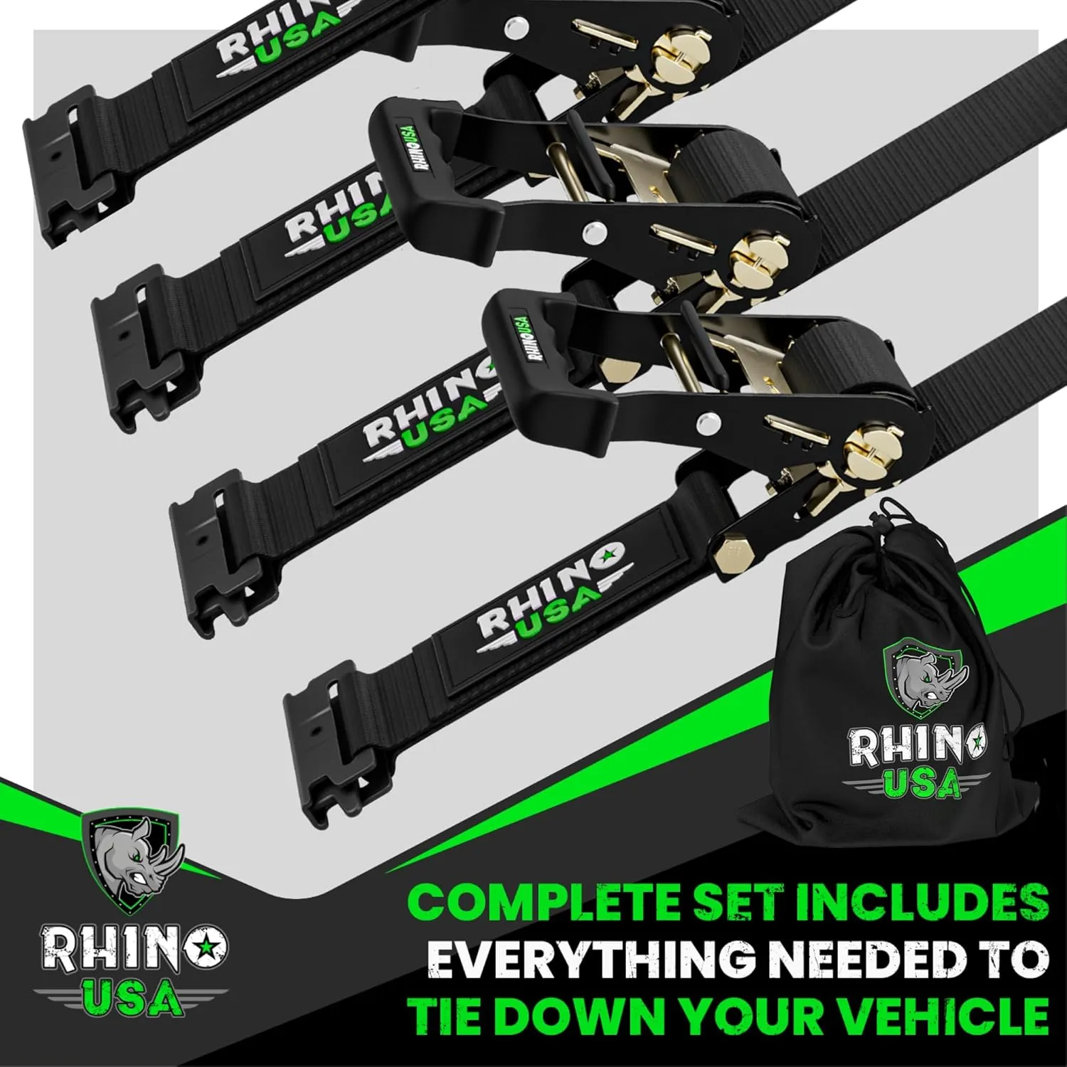 Rhino USA E Track Ratchet Tie Down Straps (4,500lb Break Strength) - Includes (4) Premium 2" x 16' eTrack Tie Downs - Ultimate Heavy Duty eTrack Cargo Strap System for Trailer, Truck, Motorcycle
