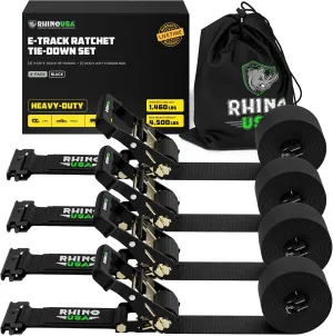 Rhino USA E Track Ratchet Tie Down Straps (4,500lb Break Strength) - Includes (4) Premium 2" x 16' eTrack Tie Downs - Ultimate Heavy Duty eTrack Cargo Strap System for Trailer, Truck, Motorcycle